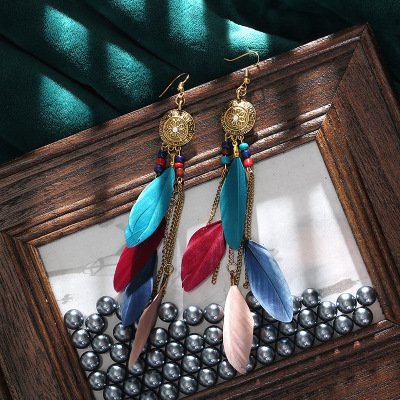 European and American Retro Colorful Chain Tassel Earrings Bohemian Feather Yiwu Accessories Creative Long Earrings Wholesale