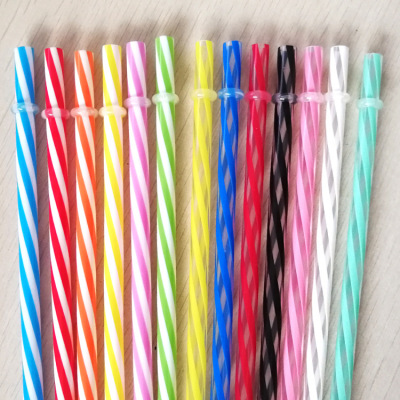 Spot 6-Color Mixed Color Band Straight Straw Disposable Threaded Straw Transparent Striped Pp Plastic Hard Straw with Buckle