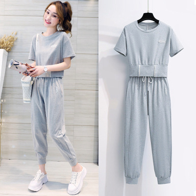 2022 Summer New Sports Style Suit Women's Korean-Style Loose Large Size Fashion Casual Short-Sleeved Cropped Pants Two-Piece Suit