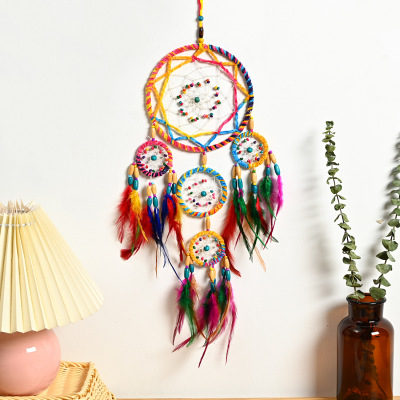 Cross-Border Supply for Colorful Creative Dreamcatcher Mori Style Net Plate Feather Ornaments Home Wind Chimes Automobile Hanging Ornament