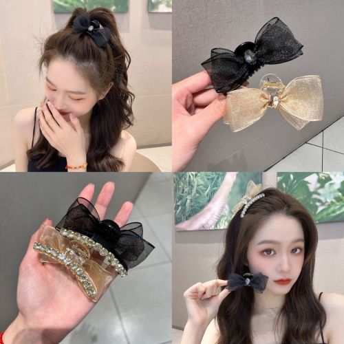 full rhinestone double-sided bow small gripper mesh barrettes female high ponytail claw clip side broken hair bangs clip headdress