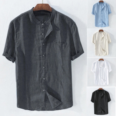 European and American Shirt Men's Short Sleeve Loose Summer Thin Breathable Cotton and Linen Stand Collar Shirt Men's Beach Casual Shirt Spot