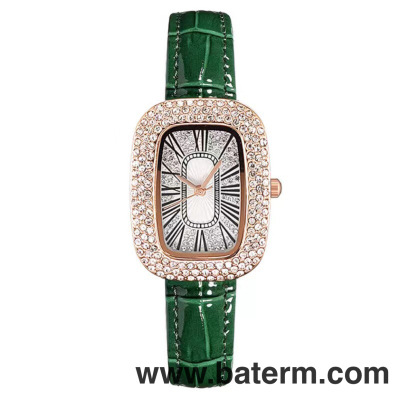 Korean Style Niche Diamond-Embedded Roman Scale Gypsophila Watch Women's Online Red Live Studio Light Luxury Rectangular Small Green Watch