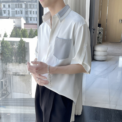 Lightly Mature Silky Draping Shirt Men's High-Grade Stitching Contrast Color Short Sleeve Loose Shirt Summer Half Sleeve Shirt Tide