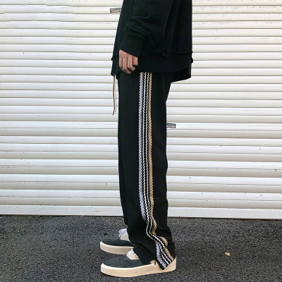 High Street Vibe Stripe Braid Stitching Sweatpants Men's Zipper Split Fashion Brand Autumn Casual Pants Loose Straight Pants