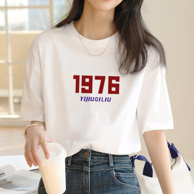 2022 Cotton White Short Sleeve T-shirt Women's Summer New Loose-Fitting Casual round-Neck Top Women's Clothing Supply Wholesale