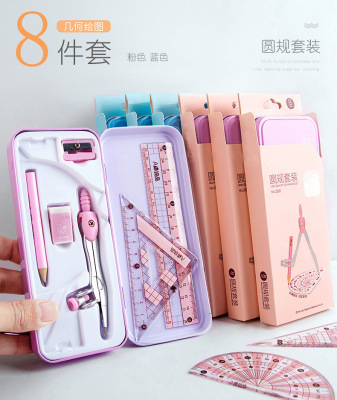 High-End Fashion Blue Pink Iron Box Compasses Ruler Set, Standard Student Exam Compasses Ruler Math Set,