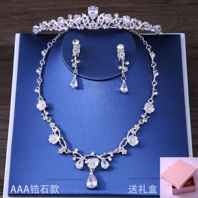 New Bridal Headdress Crown Necklace Earrings Zircon Set Adult Ceremony Wedding Hair Accessories Princess Crown Headdress Batch