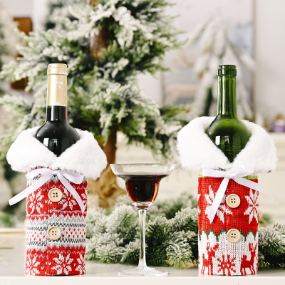 New Creative Christmas Decorations Knitted Button Snowflake Bottle Cover Red Sweater Wine Sleeve Red Wine Bag