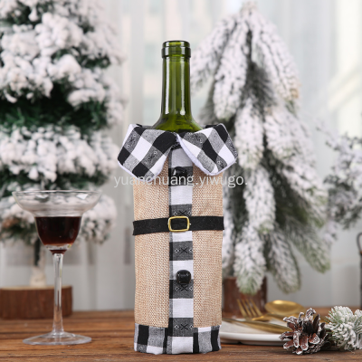 Christmas Decoration Supplies Linen Bell Lapel Bottle Cover Black and White Plaid Wine Sleeve Wine Gift Box Wine Sleeve Wine Bottle Bag