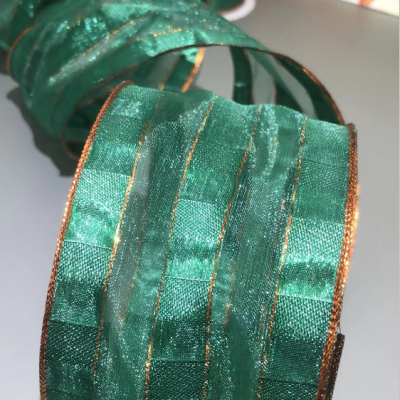Item No.: 1225 Christmas Gift Packaging Decoration DIY Dark Green Plaid Bronze Onion Bilateral Wire Ribbon 6.3cm