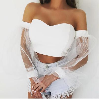 European and American Foreign Trade Women's Clothing AliExpress EBay Puff Sleeve Mesh Stitching off-Shoulder Backless T-shirt