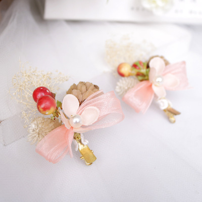 Korean Mori Style Headdress Starry Dried Flower a Pair of Hairclips Pink Bow Preserved Fresh Flower Barrettes Pine Cone Sweet Headwear