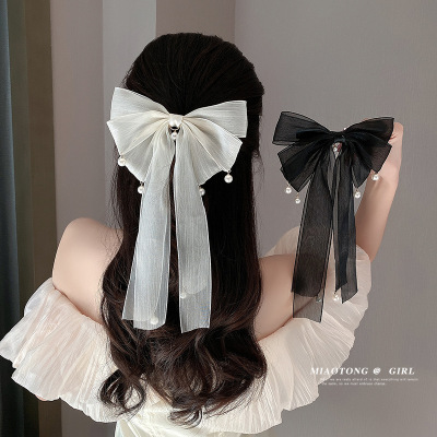 Ribbon Bowknot Headdress Barrettes Women's Back Pearl Hairpin 2022 New High-End Spring Clip Ponytail Clip