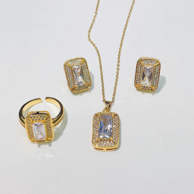 Rectangular Zircon Earring Ring Necklace Set