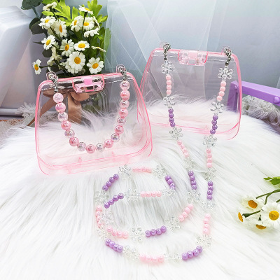 New Bead Necklace Pink Transparent Small Square Bag Children's Portable Crossbody Jewelry Bag Handmade DIY Ornament Bag