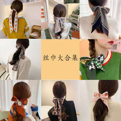 Hair Band Korean Style Retro Silk Scarf Ribbon Women's Autumn and Winter New Square Scarf Striped Houndstooth Internet Celebrity Tied-up Hair Headdress