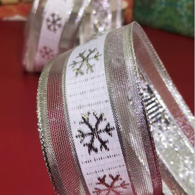 Item No.: 1215 Christmas Gift Bag Decoration DIY Silver Snowflake Mesh Bilateral Wire Ribbon 3.8cm