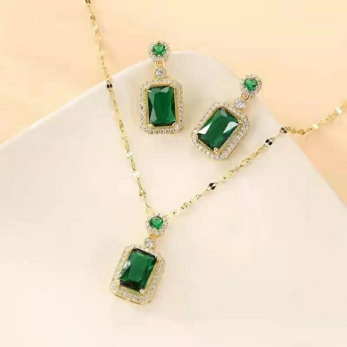 copper zircon green rectangular stud earrings pendant set