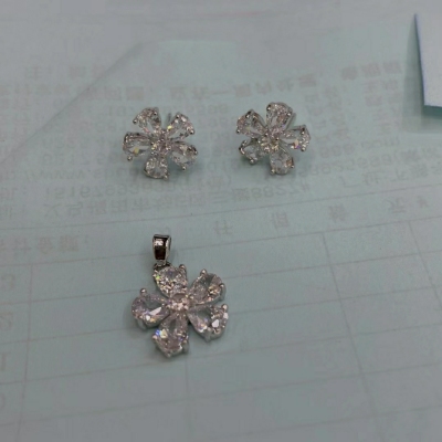 Hand Inlaid Copper Zircon Steel Water Drop Flower Ear Studs Pendant Set