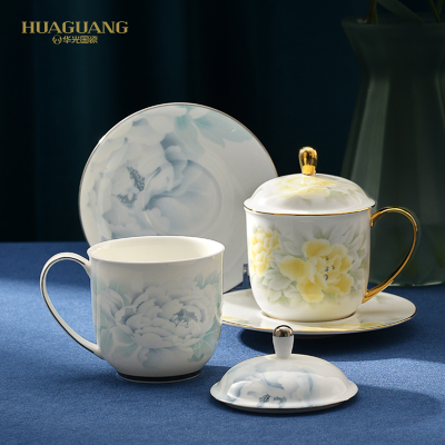 Huaguang Ceramics Tea Cup and Cup with Lid Tea Cup New Chinese Style Reception Teacup and Saucer Ceramic Cup Drinking Cup Rich Flowers Bloom