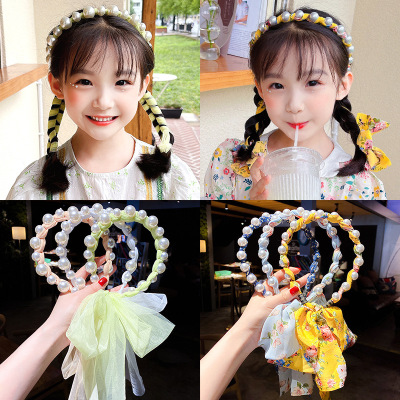 Children's Pearl Streamer Headband South Korea Does Not Hurt the Head Princess Mesh Ponytail Headband Girl Bow Tie Hair Accessories