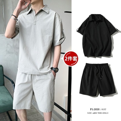 Summer Thin Short-Sleeved Polo Shirt Outfit Men's Loose Fashion Brand T-shirt Shorts Two-Piece Summer Sportswear