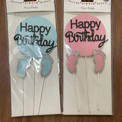 Birthday Cake Insert Double Layer Boy Girl Foot Print Happy Birthday Cake Insert Decorative Flag