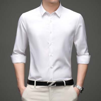 Solid Color Shirt Men's Non-Ironing Stretch Breathable Business Casual Korean Style Slim Fit Shirt Business Wear White Shirt Men's Long Sleeve