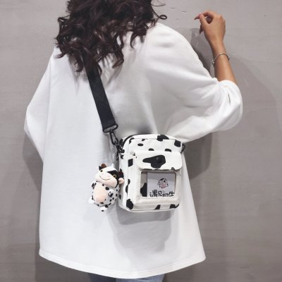 New Korean Style Ins Harajuku Style Cows Pattern Canvas Student Shoulder Bag Campus All-Match Japanese Crossbody Bag Pendant