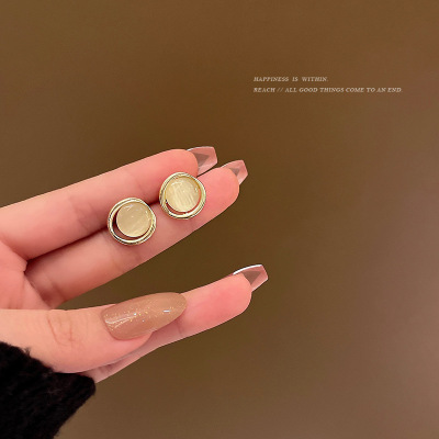 925 Silver Needle Simple Opal Circle Ear Studs Female Ins Cold Style New High Sense Ear Rings Internet Influencer Earrings