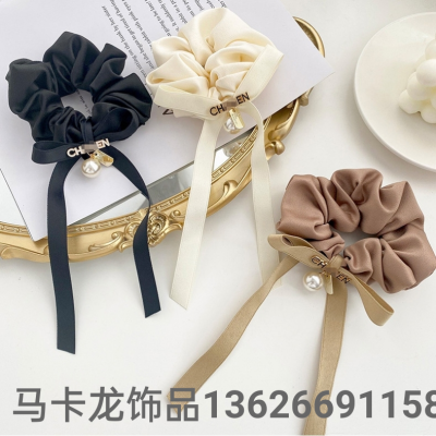 French Classic Style Pearl Retro Large Intestine Ring Women's Rubber Band Tie Hair Streamer Hair Tie Rope Fairy Bowknot Headband