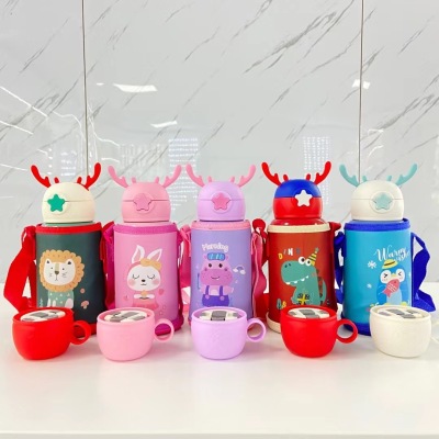 Portable 316 Antlers Children's Thermos Mug Cartoon Large Capacity Insulation Pot Student Training Class Strap Straw Cup