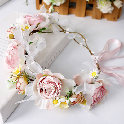 Korean Style Bridal Wreath Pink Artificial Flower Garland Mori Girl FARCENT Headband Hair Band Travel Beach Headdress
