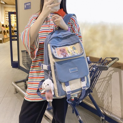 Schoolbag Female PVC Nylon Backpack Contrast Color High School Student Junior High School Student Fresh Girl Japanese Backpack Large Capacity