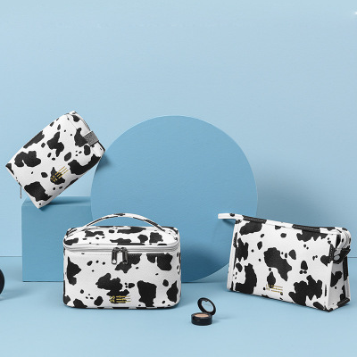 Simple and Fresh Artistic Cow Makeup Storage Box 3-Piece Set Large Capacity Waterproof Pu Ladies Travel Wash Bag