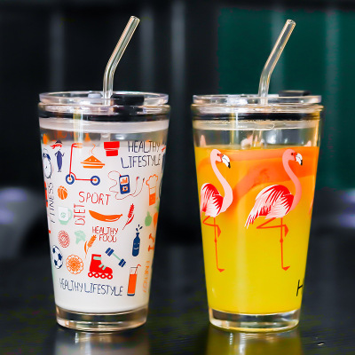 Breakfast Straw Glass Cup Good-looking Internet Celebrity Children's Cups Transparent and Graduated Printing Promotion Milk Cup Wholesale