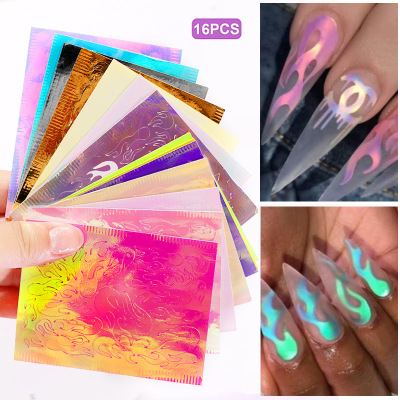 Cross-Border Nail Flame Stickers Laser Magic Color Flame Nail Sticker with Adhesive Tape 16 Color Set