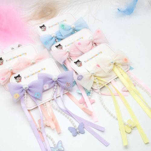 Children‘s Antique Hair Accessories Bow Tassel Hairpin Hanfu Ribbon a Pair of Hairclips Pearl Flower Princess Side Clip Duckbill Clip