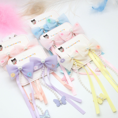Children's Antique Hair Accessories Bow Tassel Hairpin Hanfu Ribbon a Pair of Hairclips Pearl Flower Princess Side Clip Duckbill Clip