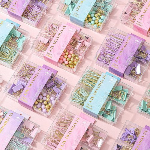 macaron color bronzing clip long tail clip stationery combination creative drawing pin ticket holder four grid binding office set