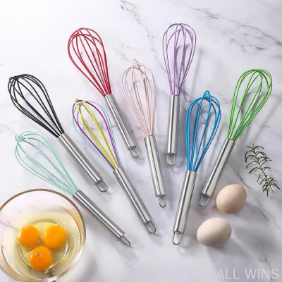 Factory Silicone Eggbeater 8-Inch 10-Inch 12-Inch Steel Handle Baking Manual Stainless Steel Egg Stirring Blender