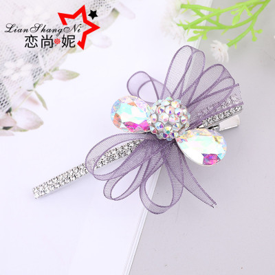 Korean Yarn Fashion Handmade Rhinestone Clamp Bowknot Word Duckbill Clip Hair Accessories Temperament Balls Updo Hairpin