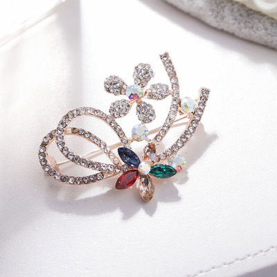 Korean Style Refined Rhinestone Brooch Alloy Rhinestone Women's Clothing Evening Dress Accessories Flower Brooch Factory Direct Sales