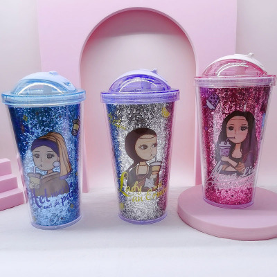 Cartoon Young Girl Renaissance Sequins Plastic Sippy Cup Sports Water Cup Portable Plastic Slide Cup Sealed Leak-Proof