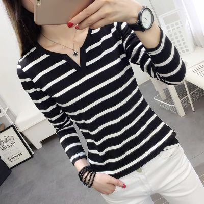 2022 Autumn New Korean Style Slim-Fit Casual Striped V-neck Long-Sleeved T-shirt Female Student Top Bottoming Shirt Ins Fashion