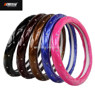 Summer Car Diamond Steering Wheel Cover Rhombus Stripe Indentation New Women's Shiny Patent Leather Diamond Rose Red Handle Cover