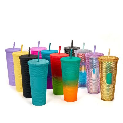 Factory Direct Supply Double Plastic Straw Cup Large Capacity Creative 700ml Durian Cup Hand Cup Portable Diamond Cup