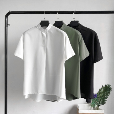 Stand Collar Pullover Shirt Men's 2022 Summer Short Sleeve White Chiffon Shirt Large Size Korean Style Sense of Design Niche Top