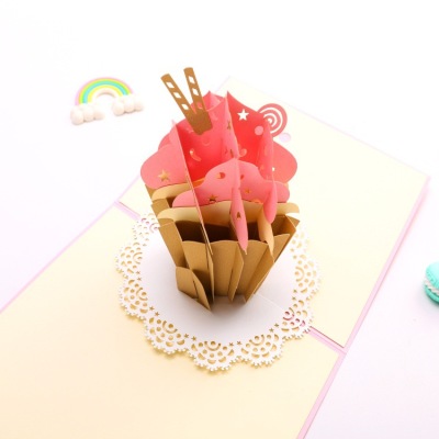 Handmade Cone Cake Birthday Blessing Card Holiday Thank You Card Wholesale 3D Stereoscopic Greeting Cards